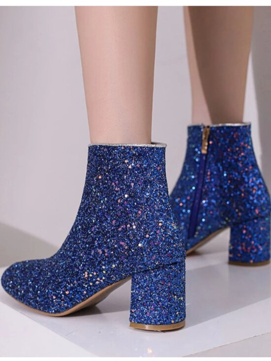 Kohl's Shoes - Blue Glitter Pointed Toe Chunky Heel Ankle Boots